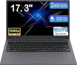MTWZMM Laptop de 17 polegadas, 8 GB RAM 512 SSD, tela FHD 1920 x 1080 de 17,3 polegadas, Celeron N5095 (até 2,9 GHz), Win 11, WiFi 5, Bluetooth 5.0, USB 3.0, webcam, HDMI, para estudantes e negócios