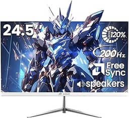 CRUA Monitor de jogos branco de 24,5 polegadas, monitor de computador com tela VA 200Hz FHD (1920 * 1080P), suporta sincronização livre, 120% sRGB, filtro de luz azul, alto-falantes embutidos