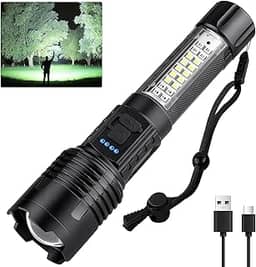 Lanterna Tática Recarregável LED Ultra Potente de Longo Alcance Com Ajuste de Zoom Carregador USB-C | Ideal para Camping, Pesca, Trilha e Atividades ao Ar Livre
