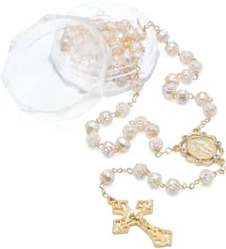 Terço Perola Botão De Rosa Dourada