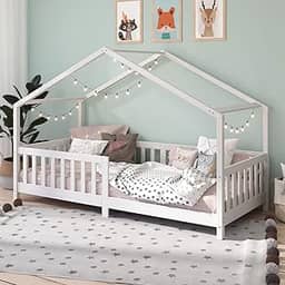 IDIMEX Cama Montessoriana Madeira Solteiro com Grade Casa com Estrado Lisan Branca