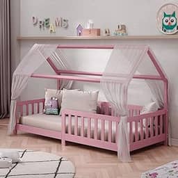 IDIMEX Cama Infantil Menina Montessoriana Solteiro 88x188 Casinha Madeira com Estrado Nina cor Rosa com grade