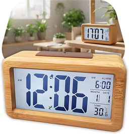 Relógio Despertador Digital LCD Madeira Bambu Decorativo Design Moderno Clássico Vintage com Sensor de luz Noturna Inteligente Função Soneca Moderno Ambiente Quarto Sala Escritório Consultório