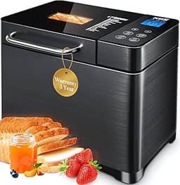 KBS Máquina de fazer pão 17 em 1 com aquecedores duplos, máquina de pão 710W com configuração sem glúten, dispensador automático de porca de frutas, painel de cerâmica e toque panela, 3 cores de crosta, aço inoxidável escovado/preto