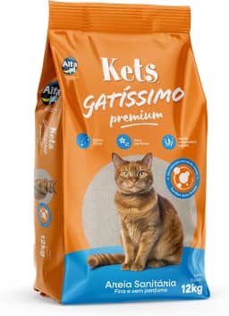 Areia Sanitária Premium Fina com Carvão Ativado sem Perfume, Pacote de 12kg, Linha Kets Gatíssimo, Alfapet.