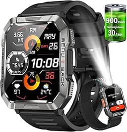 Smartwatch,Relógio Inteligente Militar Masculino,My Watch de Chamadas Bluetooth,Bateria de 100 dias,Lanterna, Rastreamento de passos,Esportes ao ar Livre Smart Watch(Preto)