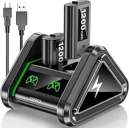 Pacote de bateria recarregável com estação de carregamento para Xbox, 2 baterias recarregáveis de 1200 mAh com base de carregamento para controles Xbox Series X|S/Xbox One X|S/Elite – Cabo USB-C incluído…