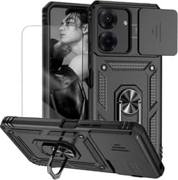 Capa para Redmi 13C e Xiaomi Poco C65 Capinha | com 2 peças de protetor de tela temperado com janela deslizante da câmera e suporte para telefone incluídos - Preto