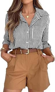 Camisas listradas de botão para mulheres, camisas sociais de manga comprida, gola casual, para trabalho de escritório com bolso
