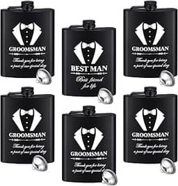 Zubebe 6 conjuntos de presentes de proposta de padrinho de 227 g cantil de padrinho com funis para casamento, melhor homem, cantil gravado para homens, garrafa de licor de noivo para despedida de