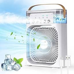 Ventilador de ar condicionado portátil, Mini Ar Condicionado Umidificador Climatizador com tanque de água de 600ml, 3 velocidades de vento e pulverizador de 5 furos com luz LED de 7 cores