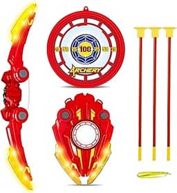 IKIDSUN Conjunto infantil de arco e flecha, conjunto de brinquedos de tiro com arco e luz LED com 1 laço, 3 ventosas, 1 alvo, brinquedos internos e externos para crianças, presentes de aniversário de
