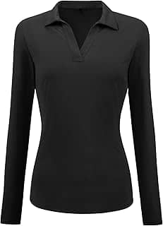 Camisas polo femininas com gola V, manga comprida, casual, para negócios, blusas justas e gola de malha