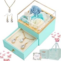 Caixa Rotativa Rosa Eterna, Presente para Namorada, com Colar e Brincos para Caixa de Presente de Joias Flor de Rosa, Presente Feminino, Rosa Eterna, Colar Feminino, Joias Femininas（Azul）