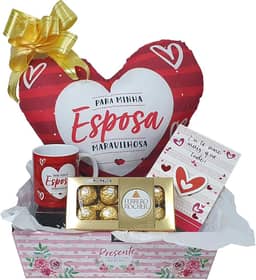 Presente De Namorada e Esposa Dias dos Namorados Kit de Presente Com Almofada Caneca Cartão e Chocolate Ferrero Rocher T8 com 8 Bombons Presente Para Esposa Ou Super Namorada (Kit-Esposa)