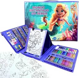 Maleta de Pintura Infantil 208 Itens Mundo Encantado da Sereia Desenho Material Escolar Presente para Crianças
