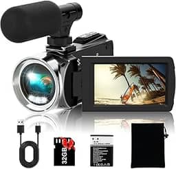 Rawiemy Câmera de vídeo FHD 4K 36MP Vlogging para gravador de vídeo do YouTube 3 polegadas com rotação de 270 graus, câmeras de vídeo para filmar com microfone, cartão SD de 32 GB (preto)