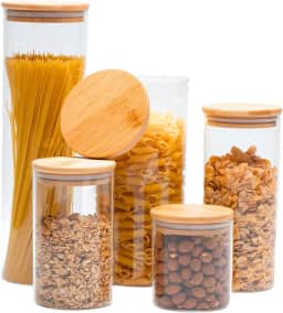 Potes Herméticos de Vidro com Tampa Bambu Porta Mantimentos Transparente Kit 5 Unidades