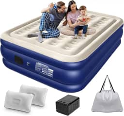 Colchão Inflável Queen Size 205 * 155CM com Bomba de ar Elétrica Recarregável Embutida, Inflação e Deflação Rápidas e Automáticas, para Viagens e Acampamentos (Azul e Branco)