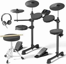 AODSK Conjunto de bateria elétrica, UAED-400, kit de bateria eletrônica júnior para crianças iniciantes com 150 sons, tamborete, baquetas e fones de ouvido
