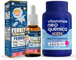 Kit Nutrição Infantil Completa – Ferrix Ferro Infantil 30 ml + Vitamina Kids Neo Química 60 Cápsulas – Suporte ao Crescimento e Imunidade – Sabor Morango