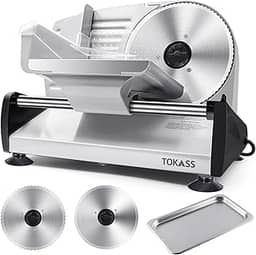 Cortador de carne, fatiador elétrico de 200 W com 2 lâminas removíveis de aço inoxidável de 19 cm e bandeja de aço inoxidável, espessura ajustável para pão de queijo e carne, fácil de limpar, proteção