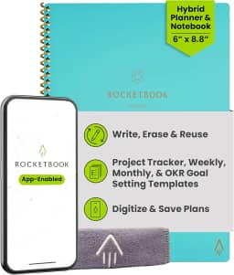 Rocketbook Caderno reutilizável Fusion Smart – com 1 caneta Pilot Frixion e 1 pano de microfibra incluído – capa Neptune Teal, tamanho executivo (15 x 22,5 cm)