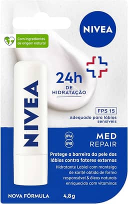 NIVEA Protetor Labial Med Repair FPS15 4,8g - Hidrata e regenera os lábios ressecados e machucados, com Vitamina E e óleos naturais, proporciona reparação intensiva e alívio imediato