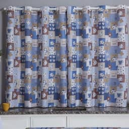 Cortina Cozinha Oxford 2,00x1,40 Estampada Cappuccino Janela Vitrô Ilhós Blackout Blecaute Decorativa Poliéster Varão (Bule Azul)