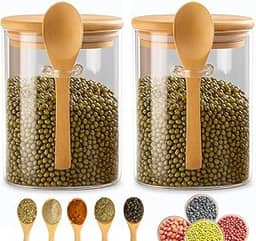 Kit 2 Potes de Vidro Porta-mantimentos 450ml com Tampa de Bambu Hermética, Colher Acoplada e Bandeja, Frascos Recipiente Para Armazenar Café, Açúcar, Temperos, Organização de Cozinha Minimalista