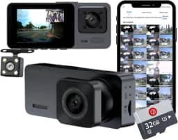 Black Box GP3 - Câmera Veicular, Wifi, Tripla (Frontal + Interna + Traseira), FULL HD, Visão Noturna + Cartão 32GB (Dashcam Automotiva Carro Uber)