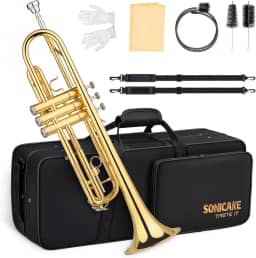 SONICAKE Conjunto de trompete padrão Bb, trompete de estudante para iniciantes, instrumento de trompete de latão com estojo rígido, kit de limpeza, bocal e luvas 7C, presente ideal para orquestra de