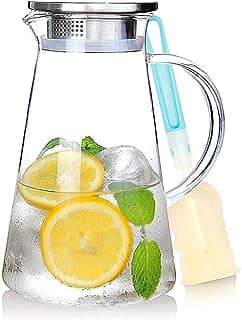 SUSTEAS Jarra de vidro de 2 litros de 1,927 g com tampa, garrafa de água de vidro resistente ao calor fácil de limpar com alça para bebidas quentes/frias - água, bebida fria, chá gelado e suco, com 1
