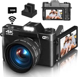 Câmera digital 4K para fotografia e vlog, câmera YouTube de 56 MP com WiFi, tela flip de 7.6 cm 180°, zoom digital 16X, lente grande angular e macro de 52 mm, cartão TF de 32 GB, 2 pilhas – preta