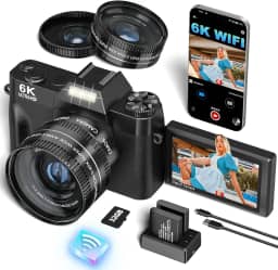 VJIANGER Câmera Digital 6K Para Fotografia, Atualização 2025, 64 Mp, Vlogs, Youtube, Com Wi-Fi, Tela Giratória De 180°, Zoom 16X, Lente 52 Mm, Cartão Micro Sd 32 Gb, 2 Baterias (Preta)