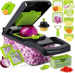 Cortador de Legumes, Alho, Cebola e Alimentos Profissional 16 em 1 – Fatiador e Picador com 8 Lâminas e Recipiente - Premium