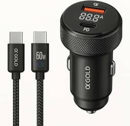 Carregador Veicular Tipo C 60W com Cabo Trançado de 1 Metro – Alta Velocidade, Homologado, Premium e Resistente – Ideal para Viagens e Uso Diário – Elegante e Durável!