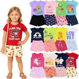 Kit 10 Peças Infantil Menina Verão Conjuntos Blusa e Short em Algodão, Roupas Leves e Confortáveis, Moda Infantil Feminina, Looks Casuais e Coloridos 1 a 8 Anos
