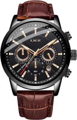 LIGE Relógios masculinos com cronógrafo, de couro, à prova d'água, analógico, quartzo, aço inoxidável, negócios, clássico, masculino