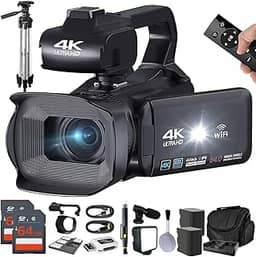 eDealz Câmera De Vídeo Hd 4K 64Mp, Filmadora Para Vlogs E Vídeos Do Youtube, 60 Fps, Zoom 18X, Wi-Fi, Webcam, Microfone, 2 Cartões Sd 64 Gb, Tripé, Luz Led, Capa, Leitor Cartão, Baterias, Carregador
