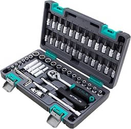 Stels Jogo de Ferramentas 57 Peças 1/4' - Aço Cromo Vanádio - Catraca 72 Dentes + Acessórios - Caixa Plástica Resistente - Ideal para Mecânica e Reparos Domésticos