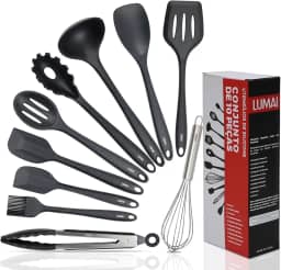 LUMAI Kit 10 Utensílios de Cozinha em Silicone e Aço Inox, Resistentes ao Calor e Antirriscos, Não Arranham Panelas, Conjunto Acessórios de Cozinha Completo com Espátula, Pegador, Concha, Colher Preto
