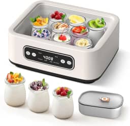 Iogurteira Elétrica com Capacidade de 1,6 Litros e 9 Cpos Portáteis, Bivolt 110-240 VMáquina de Iogurte 4 em 1 com Função PTC e Temporizador