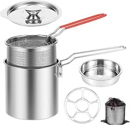 Panela de fritadeira com cesta de filtro Panela de fritura de aço inoxidável com alça Boa Condutividade de Calor Óleo Fritadeira Recipiente Portátil de Óleo de Fritura (Estilo2)