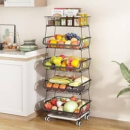 Fruteira De Chão Cozinha 5 Andar 5 Níveis Metal Preto, Carrinho Organizador de Cozinha de 5 Níveis com Rodas de Bloqueio, Ideal para Cebolas, Batatas, Carrinhos Organizadores