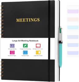 Meeting Notebook for Work, Notebooks for Work 8.5" x 11", Professional Meeting Notes Notebook for Women Men, Large Spiral Notebook with Numbered Page, Sticky Tabs, PVC Pockets for Organization, Black