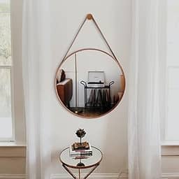 Espelho De Banheiro Decorativo Redondo 50cm com Alça em Couro Caramelo com Pino de Fixação na Parede