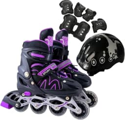 Patins Roller Inline 4 Rodas Skates Ajustavél com Roda Iluminada Jovens e Adultos, Para iniciantes, Uso Interno e Externo + Kit Completo com Capacete e Proteções