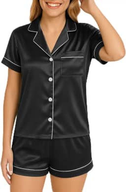 Conjunto de pijama feminino de cetim com botões e manga comprida