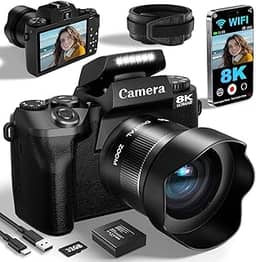 Câmeras digitais 8K para fotografia, câmera vlogging WiFi 64MP para YouTube, câmera profissional com tela sensível ao toque de 4 polegadas com lente dupla, foco automático, zoom digital de 16x